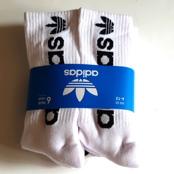 Adidas originals 6pk long athletic socks CREW socks white 6-12 - Picture 1 of 2